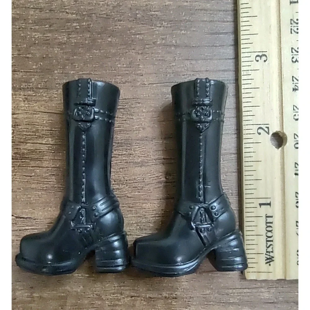 Bratz Barbie Tall Black Chunky Boots Buckle Y2K Biker Babe Platform Shoes Heels